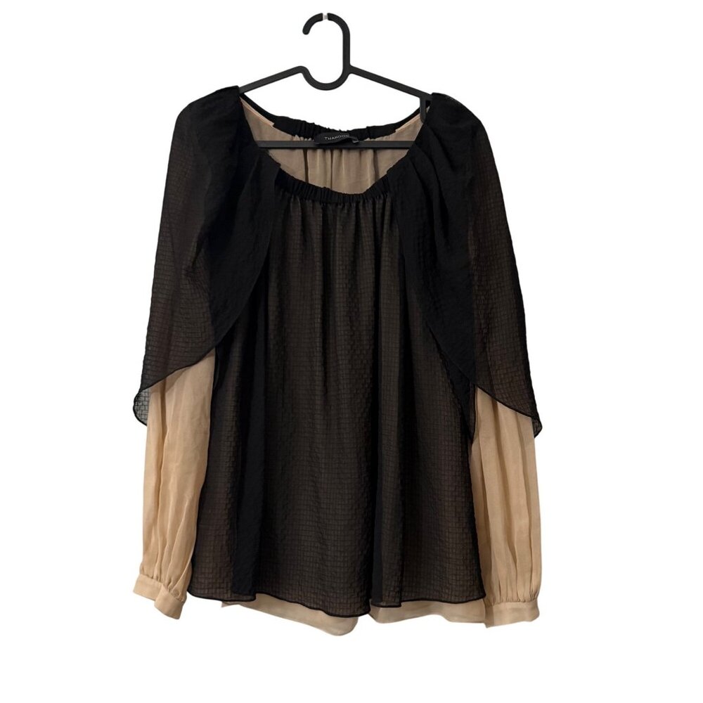 Thakoon Black Beige Tulip Layered Sleeves Sheer Silk Chiffon Blouse Womens 4